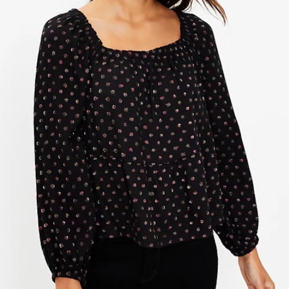 EUC Ann Taylor LOFT Shimmer Dot Square Neck Peplum Blouse SIZE M